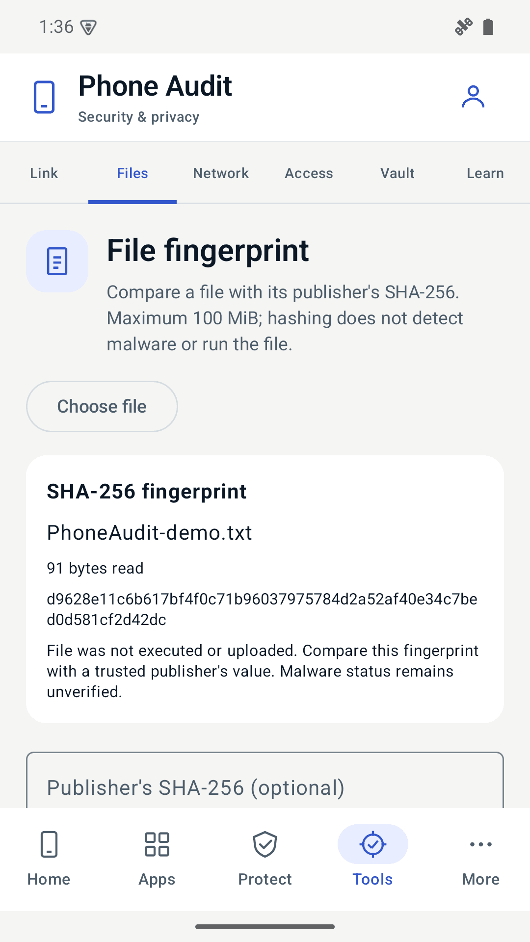 File fingerprint tool explaining local SHA-256 comparison and its limits
